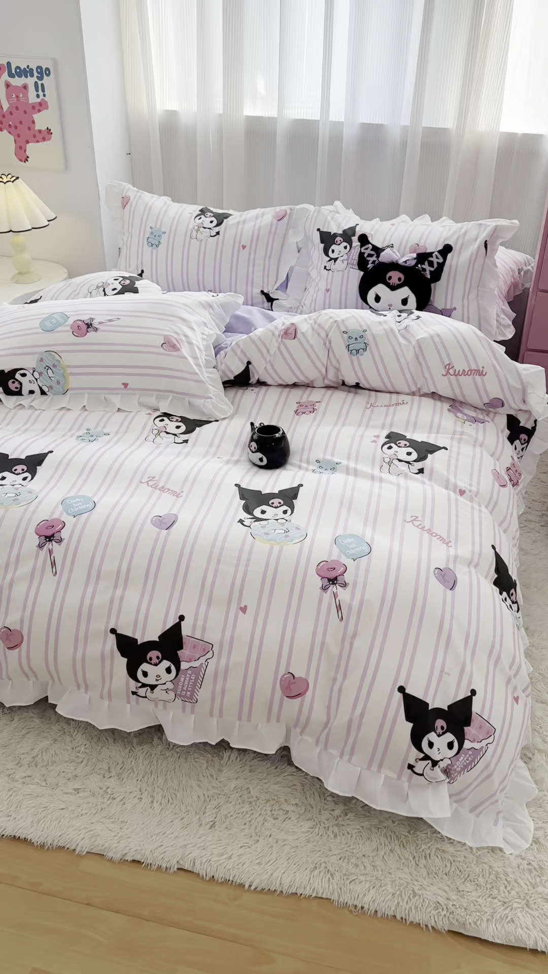 91家纺网 家纺一手货源 找家纺 玉元坊 2025新款全棉纯棉库洛米白花边款式四件套 库洛米条纹【花边款】