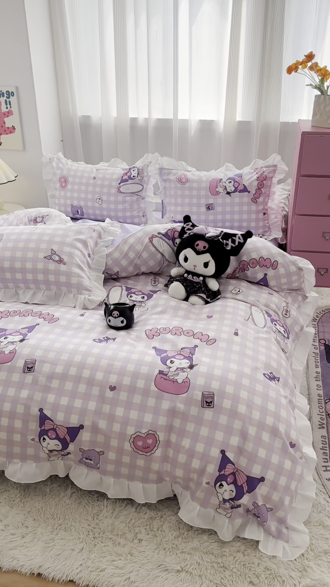 91家纺网 家纺一手货源 找家纺 玉元坊 2025新款全棉纯棉库洛米白花边款式四件套 紫格库洛米【花边款】