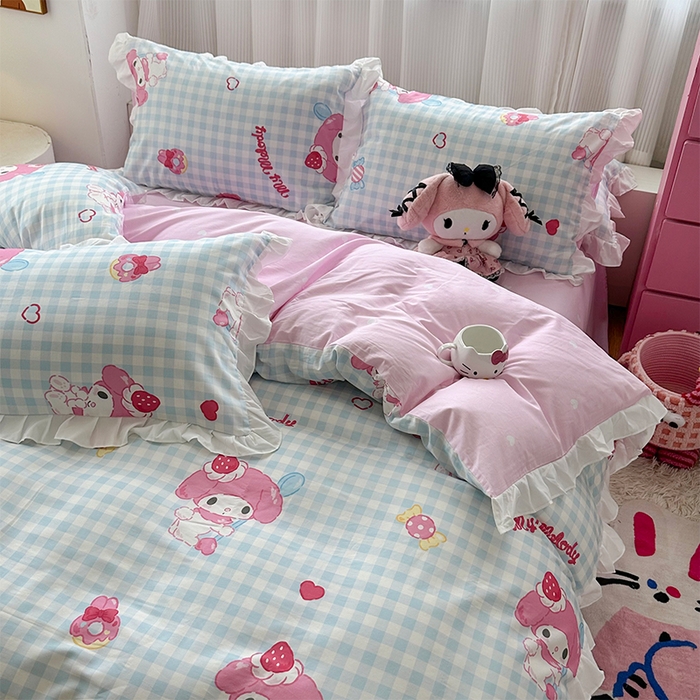 91家纺网 家纺一手货源 找家纺 玉元坊 2025新款全棉纯棉美乐蒂白花边款式四件套 乖乖美乐蒂-白花边款