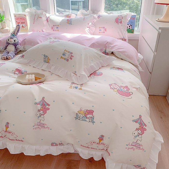 91家纺网 家纺一手货源 找家纺 玉元坊 2025新款全棉纯棉美乐蒂白花边款式四件套 开心美乐蒂【花边款】