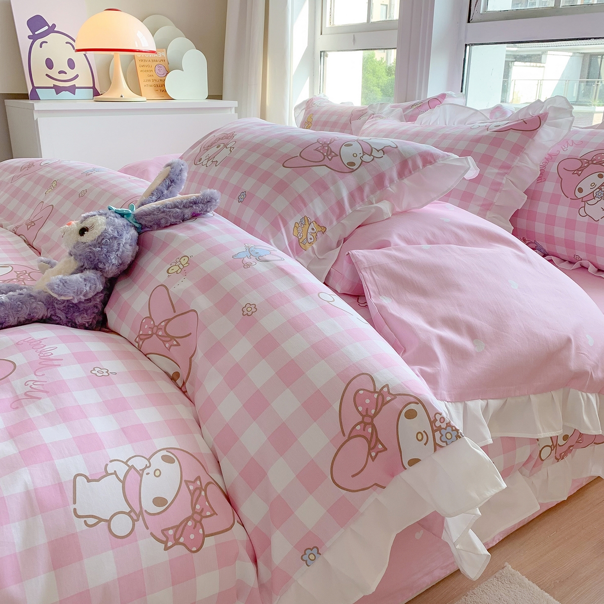 玉元坊 2025新款全棉纯棉美乐蒂白花边款式四件套 粉格美乐蒂【花边款】