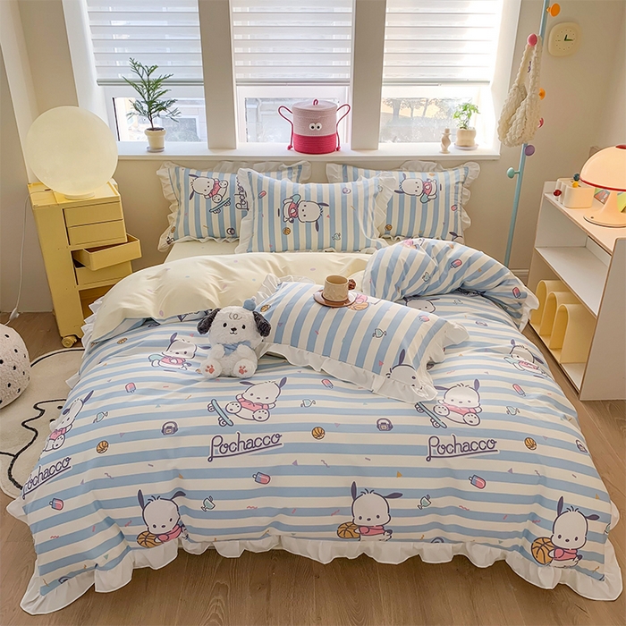 91家纺网 家纺一手货源 找家纺 玉元坊 2025新款全棉纯棉帕恰狗和布丁狗白花边款四件套 条纹帕恰狗【花边款式】