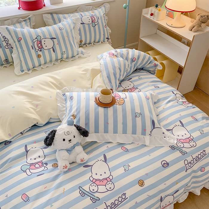 91家纺网 家纺一手货源 找家纺 玉元坊 2025新款全棉纯棉帕恰狗和布丁狗白花边款四件套 条纹帕恰狗【花边款式】