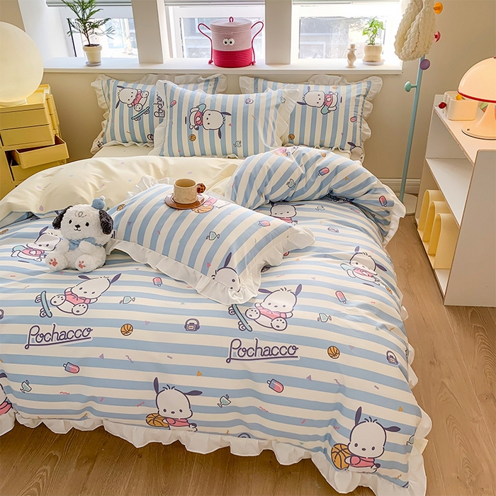 91家纺网 家纺一手货源 找家纺 玉元坊 2025新款全棉纯棉帕恰狗和布丁狗白花边款四件套 条纹帕恰狗【花边款式】