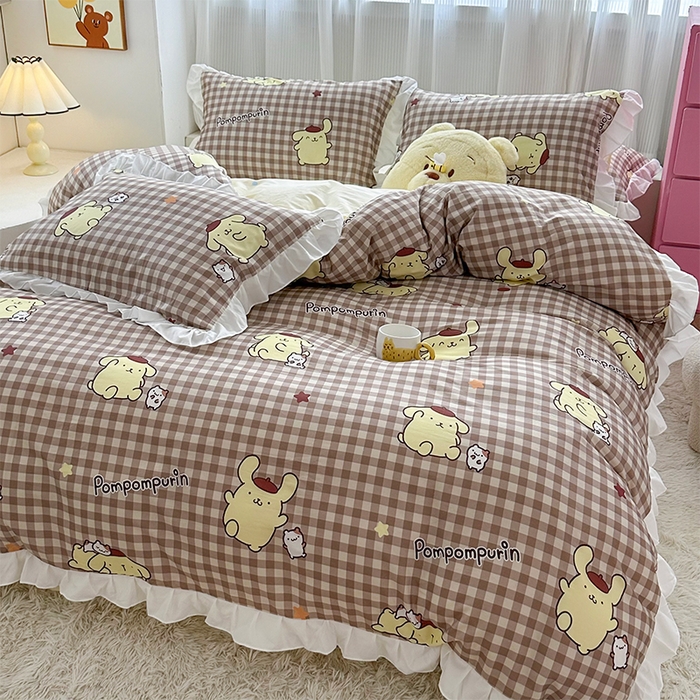 91家纺网 家纺一手货源 找家纺 玉元坊 2025新款全棉纯棉帕恰狗和布丁狗白花边款四件套 可可布丁狗-白花边款