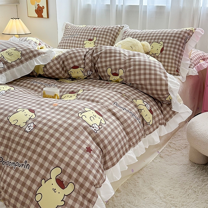 91家纺网 家纺一手货源 找家纺 玉元坊 2025新款全棉纯棉帕恰狗和布丁狗白花边款四件套 可可布丁狗-白花边款