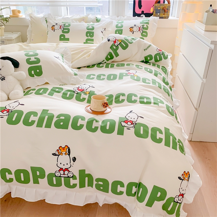 91家纺网 家纺一手货源 找家纺 玉元坊 2025新款全棉纯棉帕恰狗和布丁狗白花边款四件套 花边款-字母帕恰狗