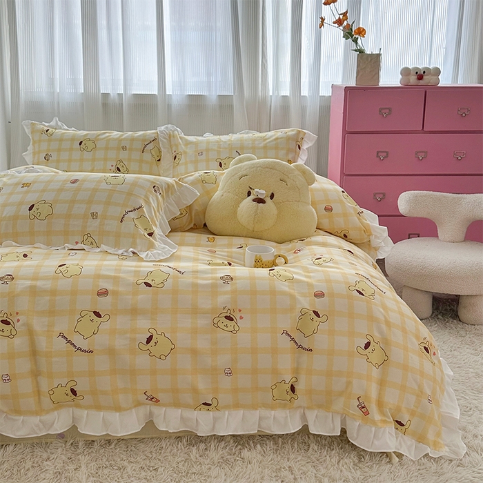 91家纺网 家纺一手货源 找家纺 玉元坊 2025新款全棉纯棉帕恰狗和布丁狗白花边款四件套 焦糖布丁狗-白花边款