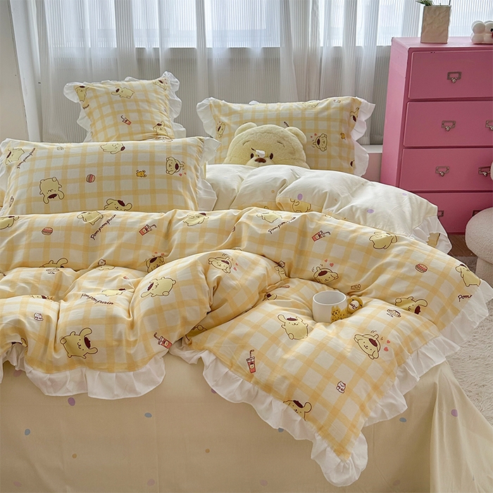 91家纺网 家纺一手货源 找家纺 玉元坊 2025新款全棉纯棉帕恰狗和布丁狗白花边款四件套 焦糖布丁狗-白花边款