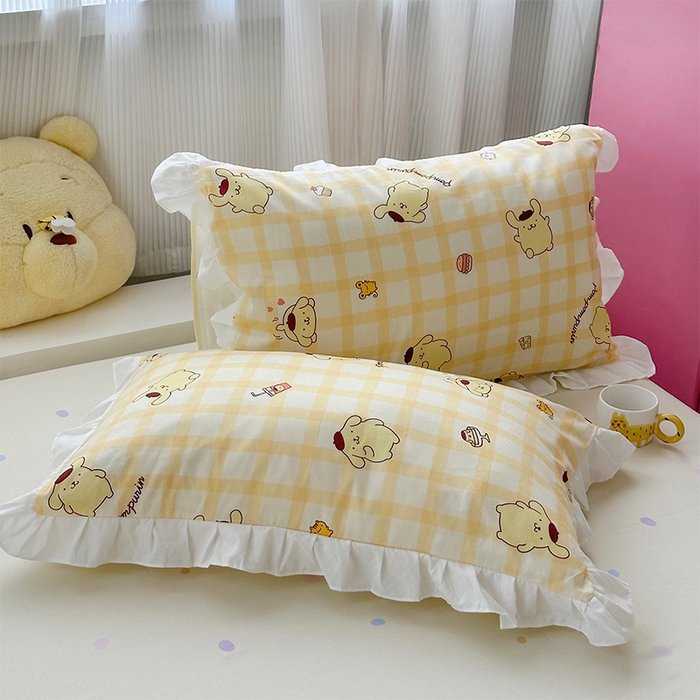 91家纺网 家纺一手货源 找家纺 玉元坊 2025新款全棉纯棉帕恰狗和布丁狗白花边款四件套 焦糖布丁狗-白花边款