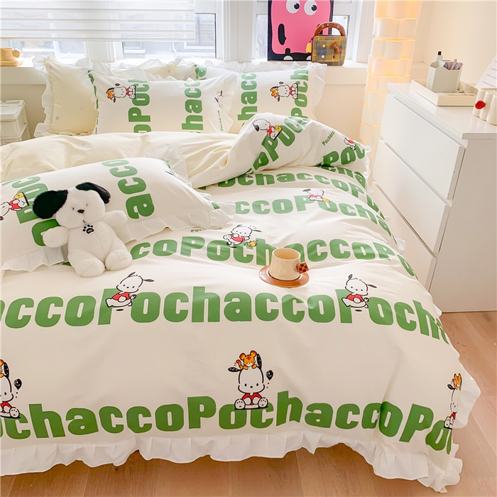 91家纺网 家纺一手货源 找家纺 玉元坊 2025新款全棉纯棉帕恰狗和布丁狗白花边款四件套 花边款-字母帕恰狗