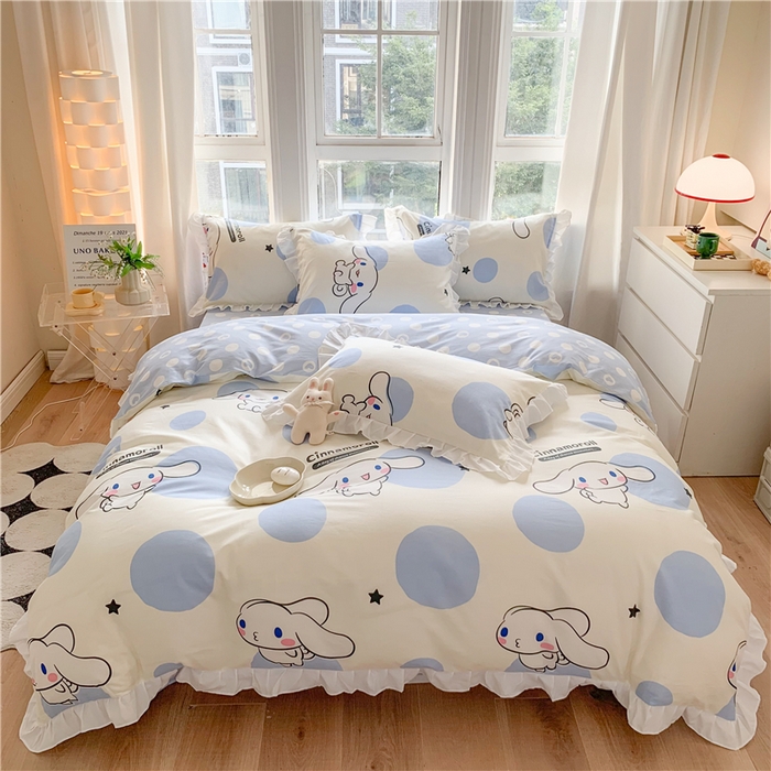 91家纺网 家纺一手货源 找家纺 玉元坊 2025新款全棉纯棉玉桂狗白花边款式四件套 波点玉桂狗【花边款】