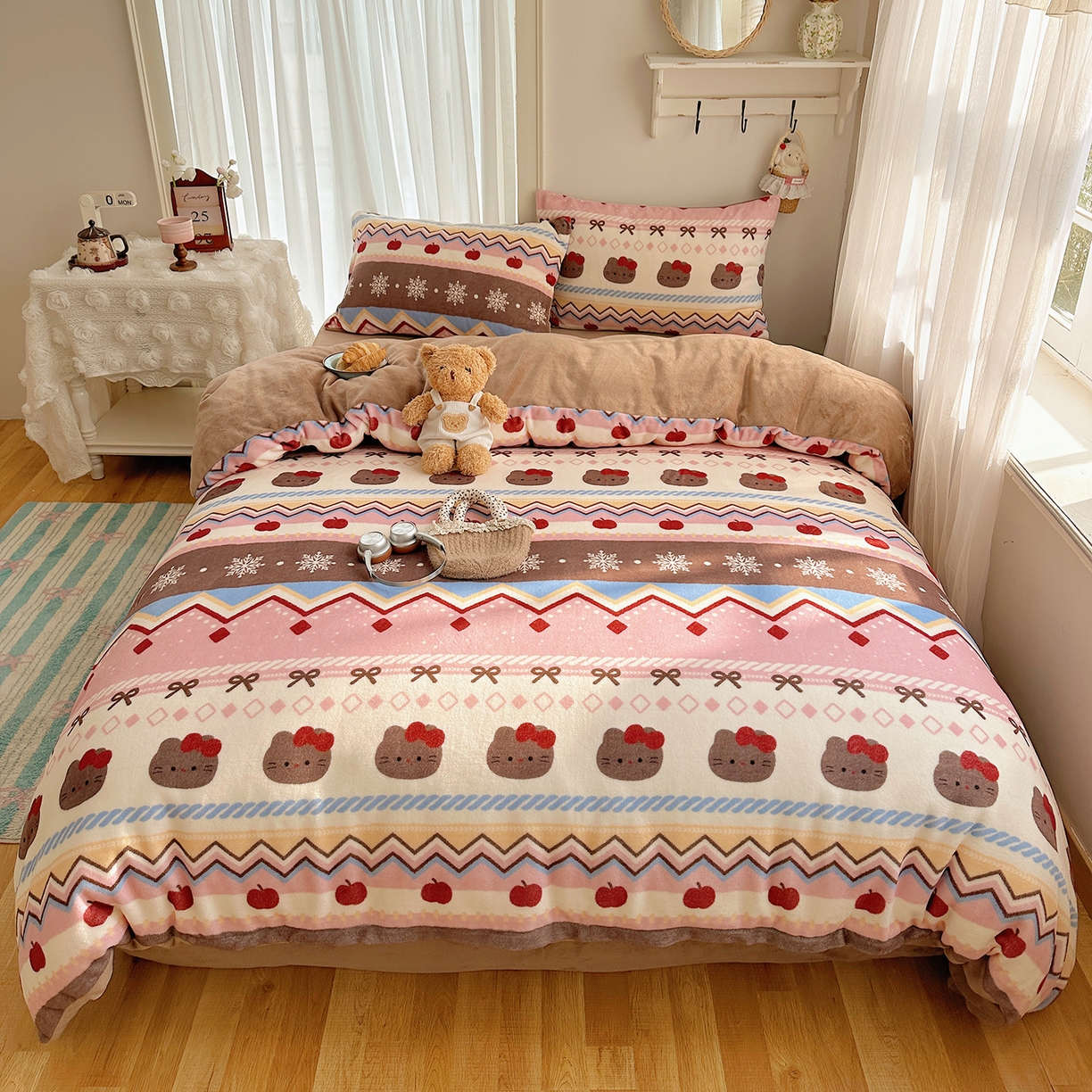 91家纺网 家纺一手货源 找家纺 （总）桃子家居 2025新款A类ins圣诞新年费尔岛秋冬限定款加厚牛奶绒系列四件套