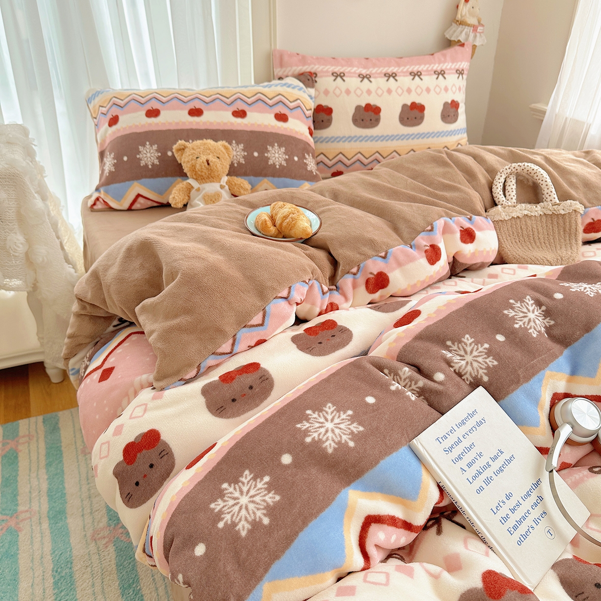 91家纺网 家纺一手货源 找家纺 （总）桃子家居 2025新款A类ins圣诞新年费尔岛秋冬限定款加厚牛奶绒系列四件套