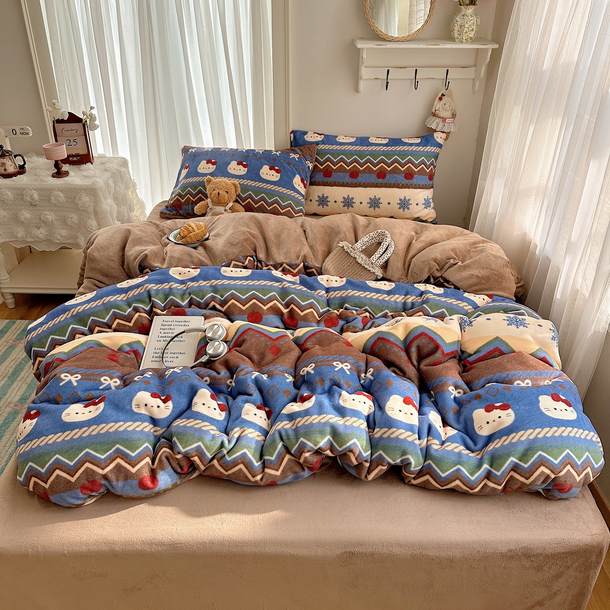 91家纺网 家纺一手货源 找家纺 （总）桃子家居 2025新款A类ins圣诞新年费尔岛秋冬限定款加厚牛奶绒系列四件套