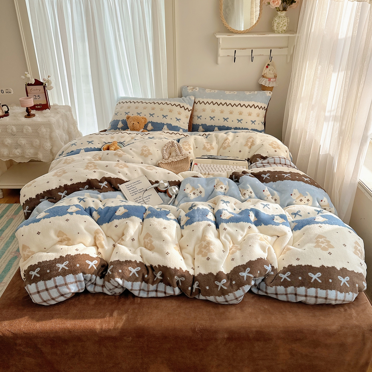 91家纺网 家纺一手货源 找家纺 桃子家居 2025新款A类ins圣诞新年费尔岛秋冬限定款加厚牛奶绒系列四件套 绒-费尔岛小狗