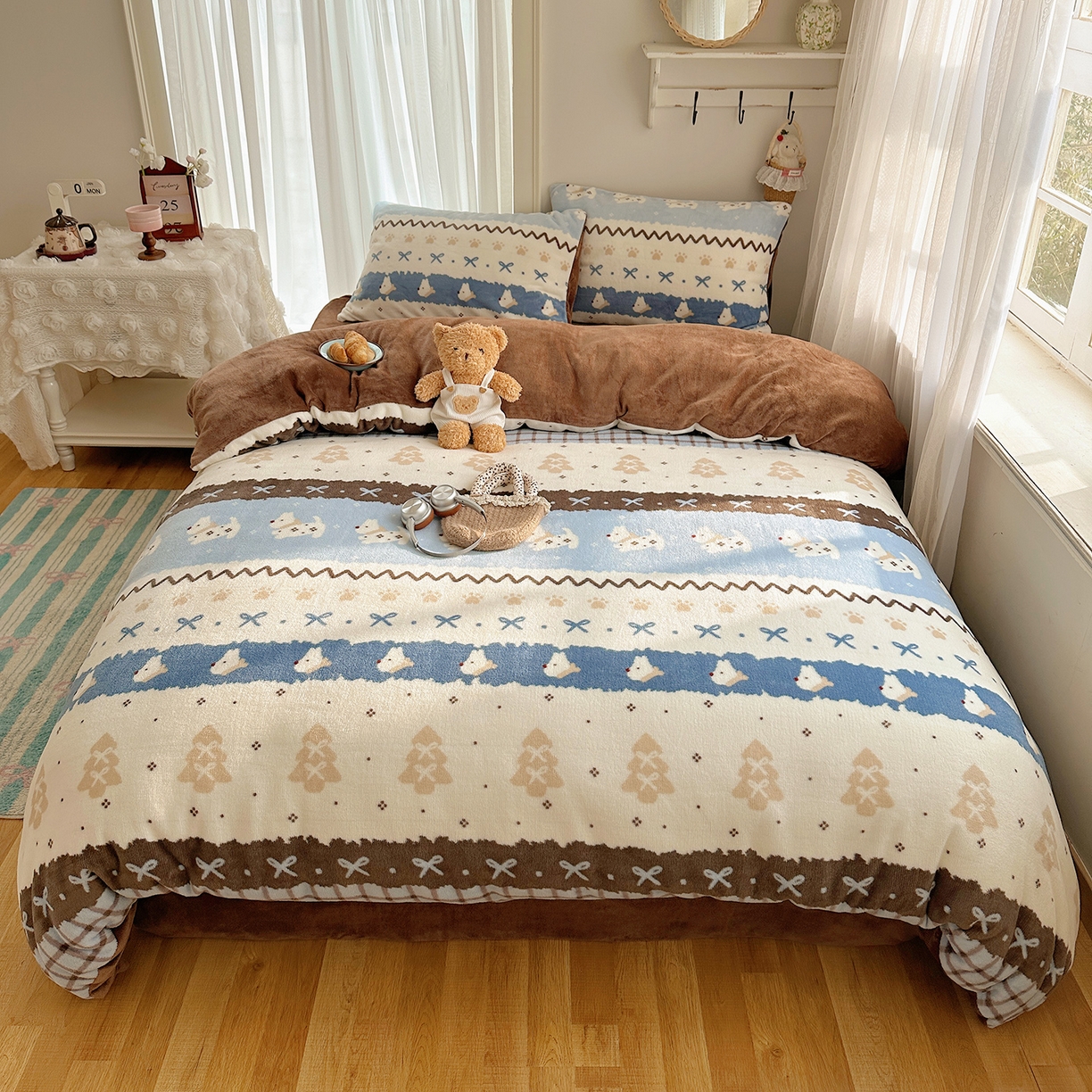 91家纺网 家纺一手货源 找家纺 桃子家居 2025新款A类ins圣诞新年费尔岛秋冬限定款加厚牛奶绒系列四件套 绒-费尔岛小狗