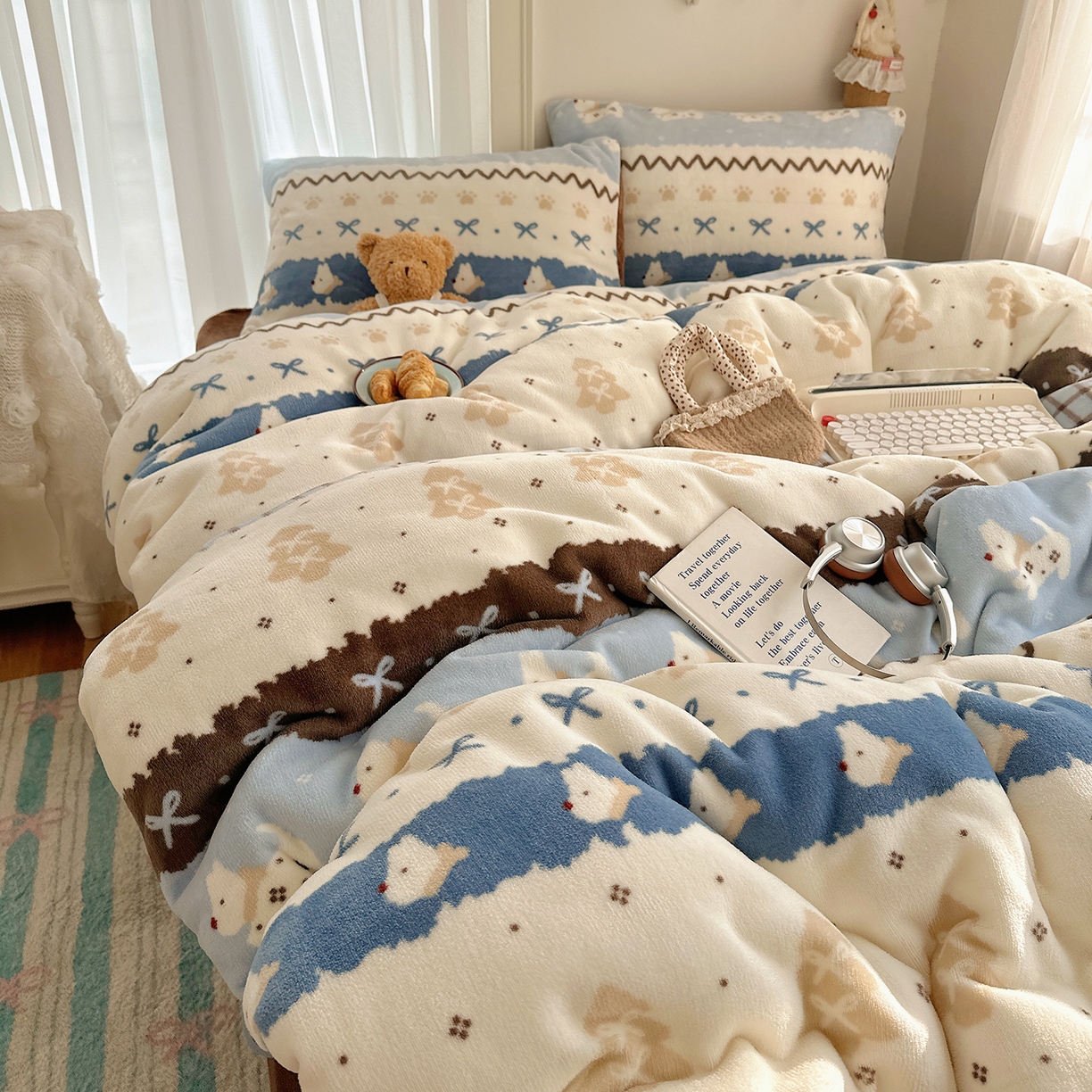 91家纺网 家纺一手货源 找家纺 桃子家居 2025新款A类ins圣诞新年费尔岛秋冬限定款加厚牛奶绒系列四件套 绒-费尔岛小狗