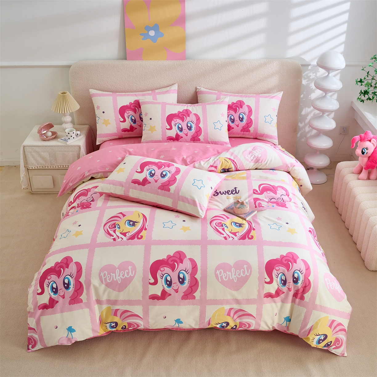 91家纺网 家纺一手货源 找家纺 百利卡通（原迪士尼家纺） 2025新款小马宝莉全棉纯棉数码印花圆网四件套 格子小马