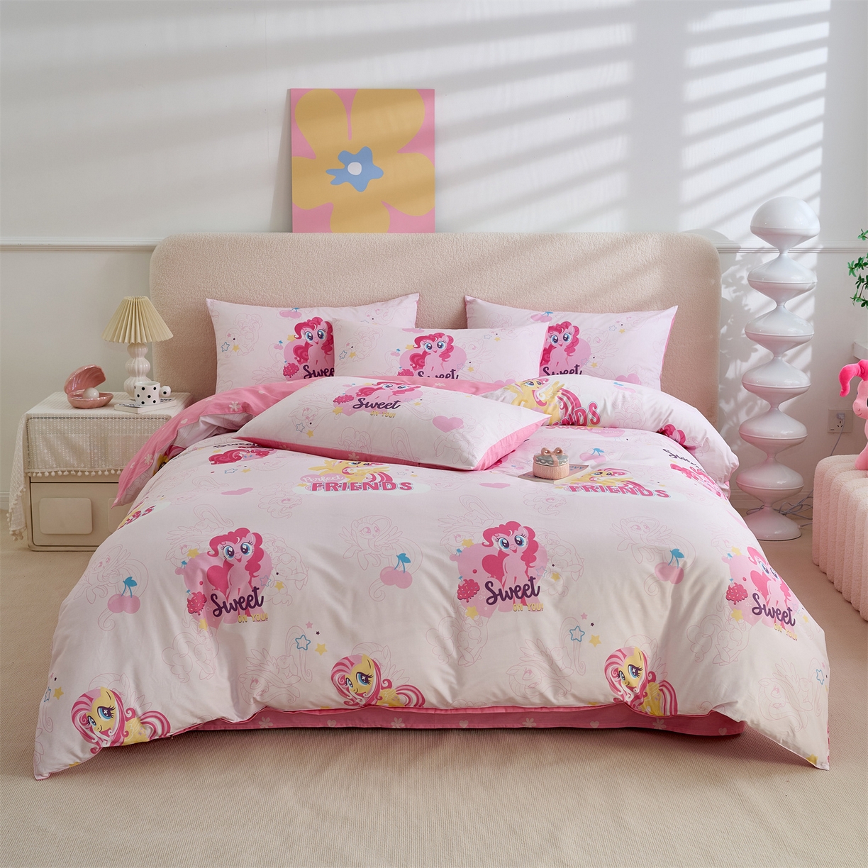 91家纺网 家纺一手货源 找家纺 百利卡通（原迪士尼家纺） 2025新款小马宝莉全棉纯棉数码印花圆网四件套 开心碧琪