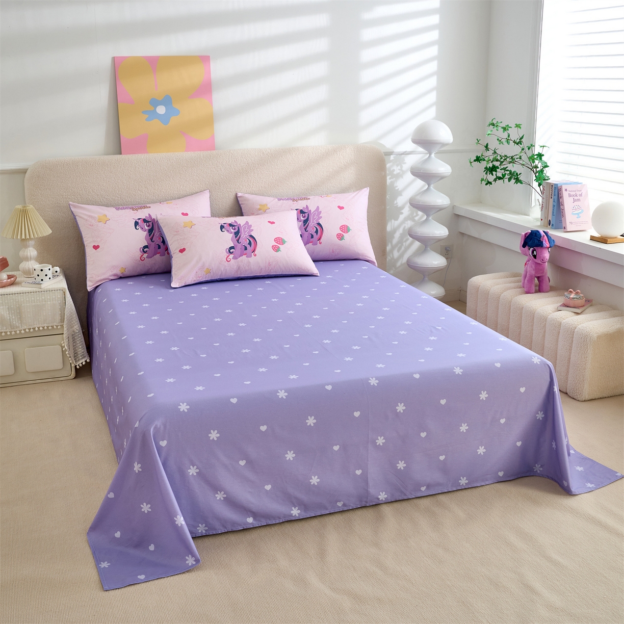 91家纺网 家纺一手货源 找家纺 百利卡通（原迪士尼家纺） 2025新款小马宝莉全棉纯棉数码印花圆网四件套 草莓紫悦