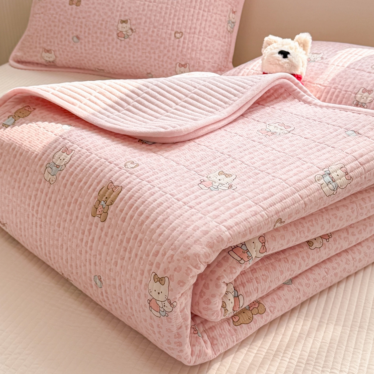 简宜家居（朝初家纺） 2025新款A面100%全棉B面宝宝绒棉绒包边床盖正反两用 豹纹-粉