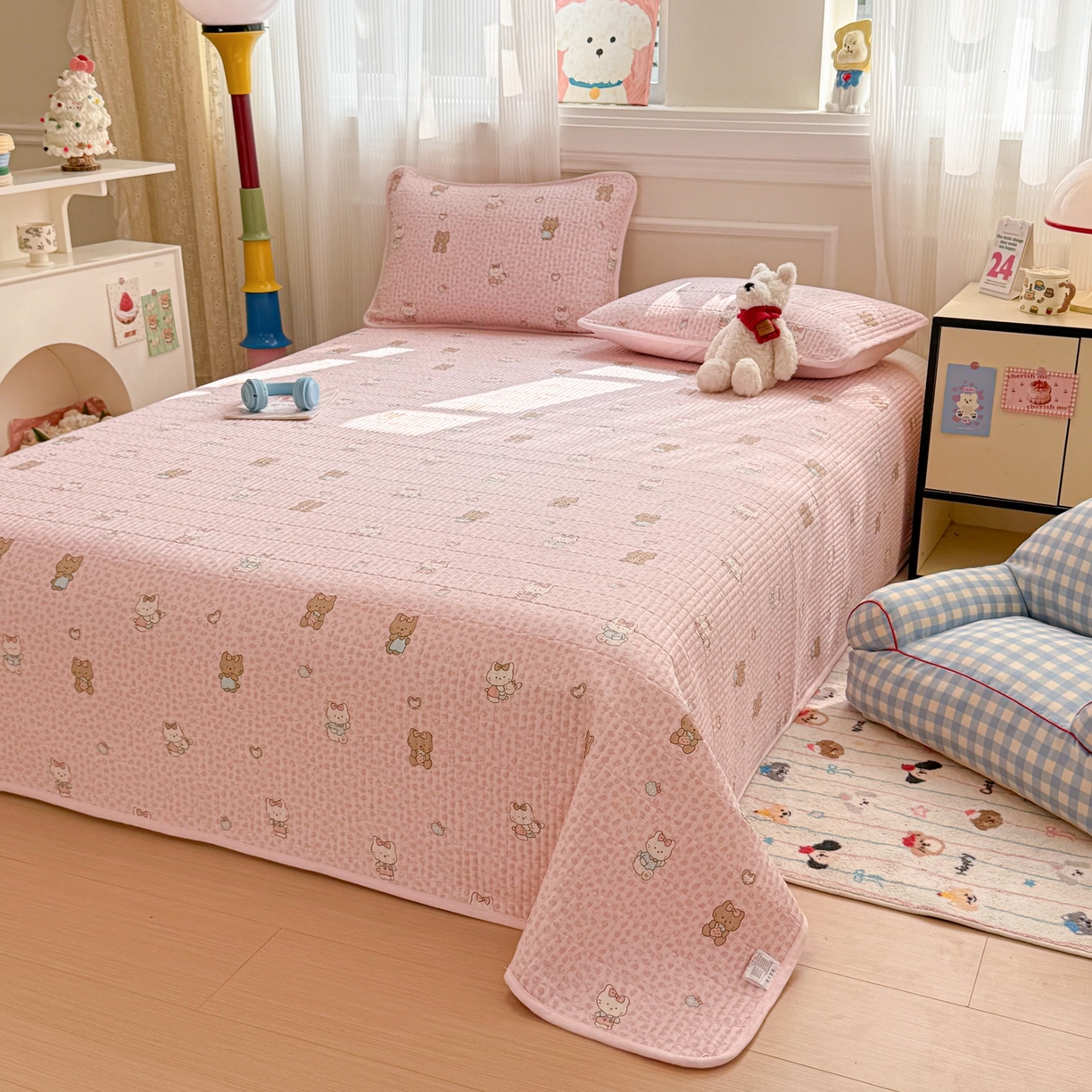 91家纺网 家纺一手货源 找家纺 简宜家居（朝初家纺） 2025新款A面100%全棉B面宝宝绒棉绒包边床盖正反两用 豹纹-粉