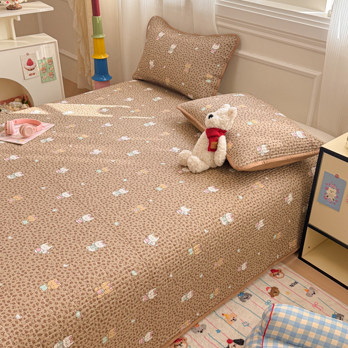 91家纺网 家纺一手货源 找家纺 简宜家居（朝初家纺） 2025新款A面100%全棉B面宝宝绒棉绒包边床盖正反两用 豹纹-咖