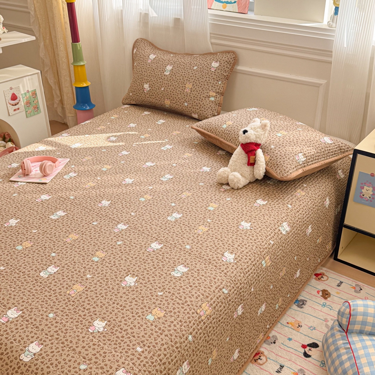 91家纺网 家纺一手货源 找家纺 简宜家居（朝初家纺） 2025新款A面100%全棉B面宝宝绒棉绒包边床盖正反两用 豹纹-咖