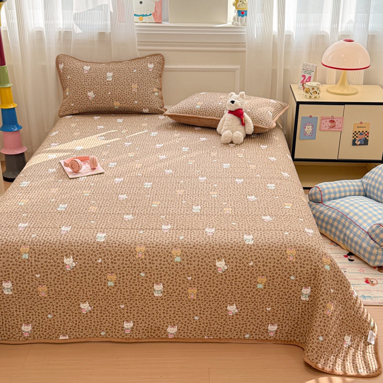 91家纺网 家纺一手货源 找家纺 简宜家居（朝初家纺） 2025新款A面100%全棉B面宝宝绒棉绒包边床盖正反两用 豹纹-咖