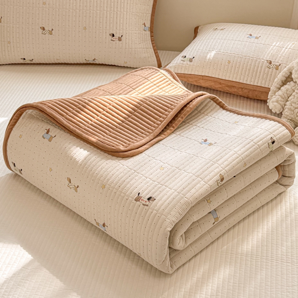 91家纺网 家纺一手货源 找家纺 简宜家居（朝初家纺） 2025新款A面100%全棉B面宝宝绒棉绒包边床盖正反两用 点点腊肠