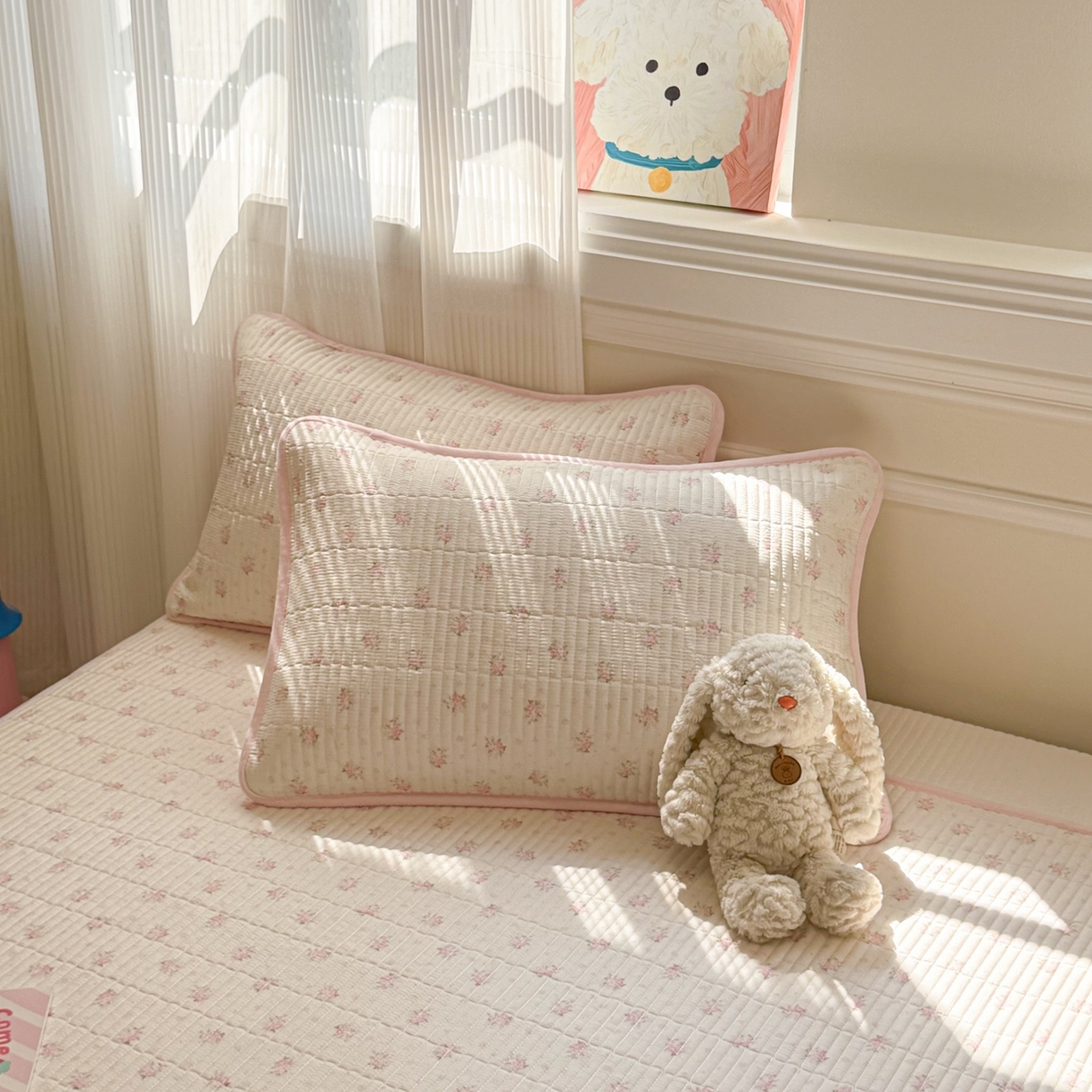 91家纺网 家纺一手货源 找家纺 简宜家居（朝初家纺） 2025新款A面100%全棉B面宝宝绒棉绒包边床盖正反两用 粉蕊花