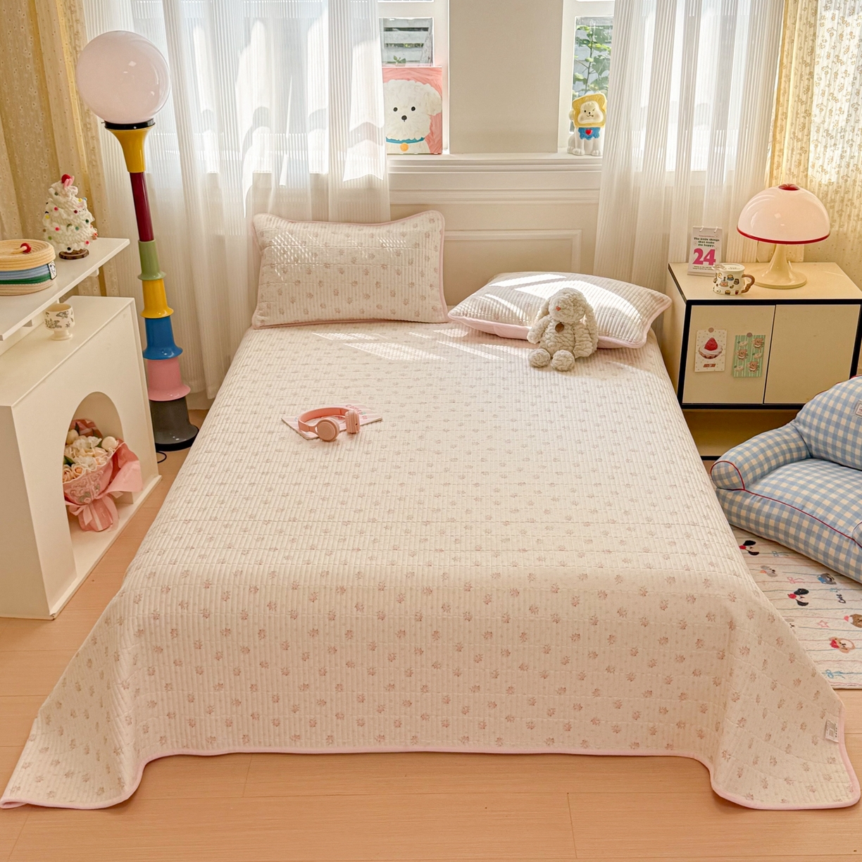 91家纺网 家纺一手货源 找家纺 简宜家居（朝初家纺） 2025新款A面100%全棉B面宝宝绒棉绒包边床盖正反两用 粉蕊花