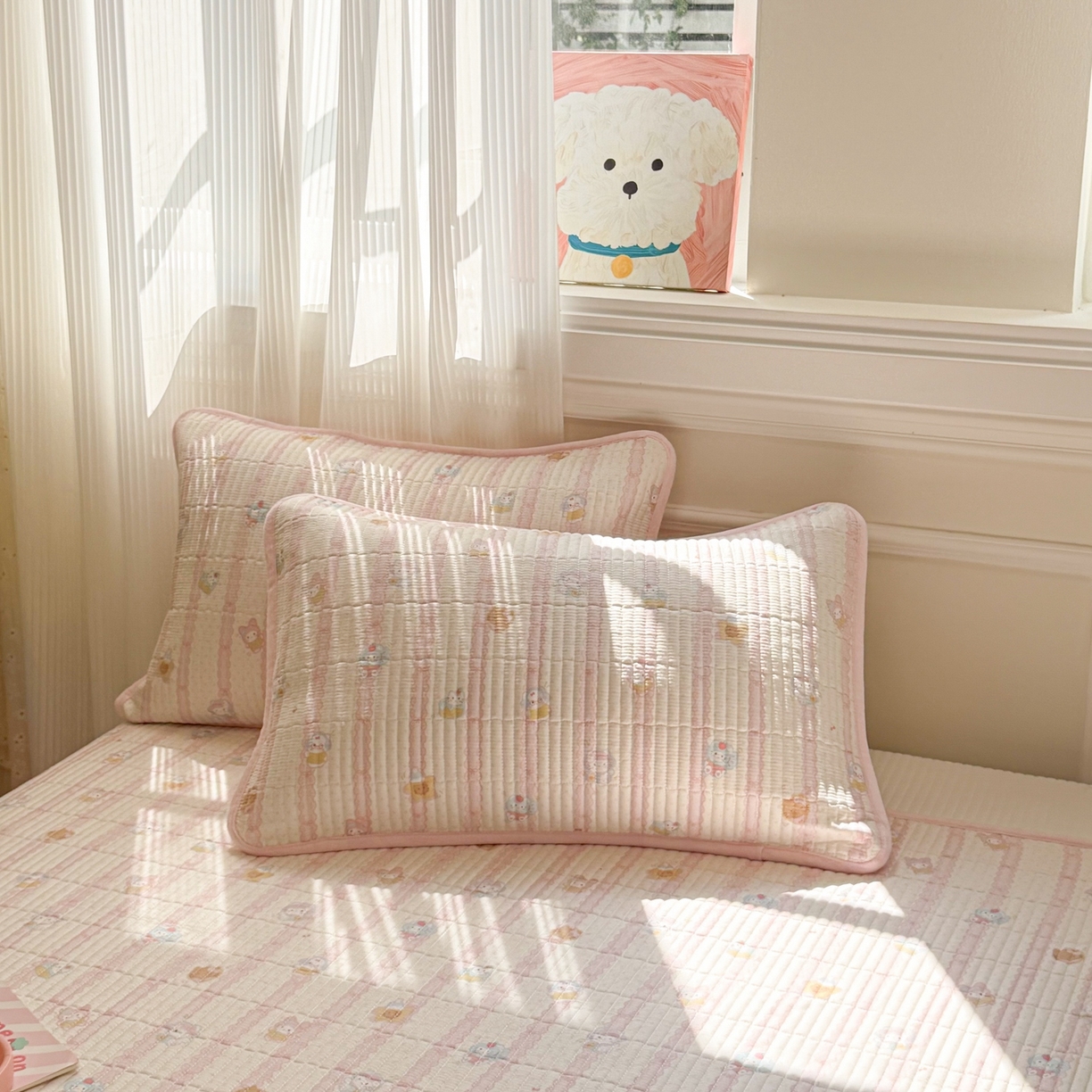 91家纺网 家纺一手货源 找家纺 简宜家居（朝初家纺） 2025新款A面100%全棉B面宝宝绒棉绒包边床盖正反两用 粉条喵团