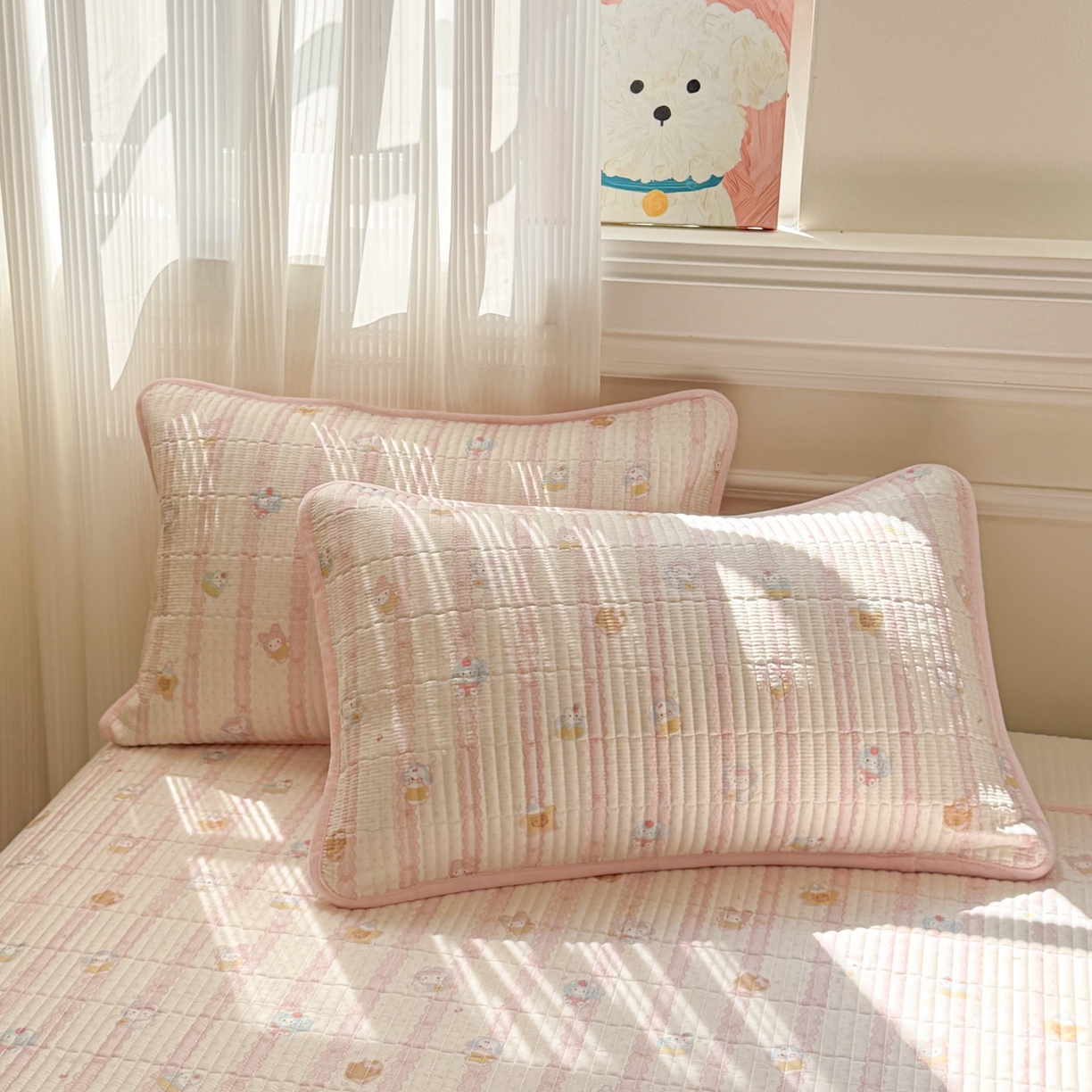 91家纺网 家纺一手货源 找家纺 简宜家居（朝初家纺） 2025新款A面100%全棉B面宝宝绒棉绒包边床盖正反两用 粉条喵团