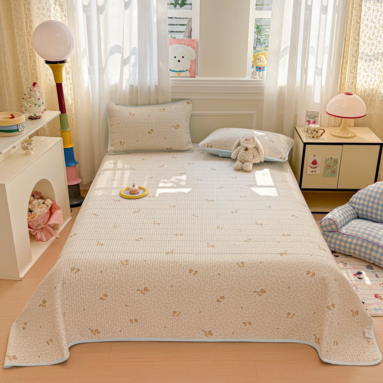 91家纺网 家纺一手货源 找家纺 简宜家居（朝初家纺） 2025新款A面100%全棉B面宝宝绒棉绒包边床盖正反两用 蓝花兔