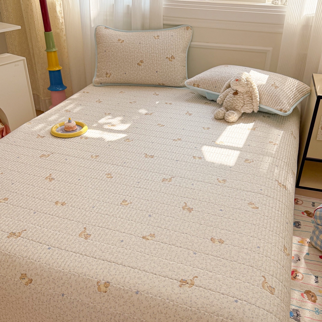 91家纺网 家纺一手货源 找家纺 简宜家居（朝初家纺） 2025新款A面100%全棉B面宝宝绒棉绒包边床盖正反两用 蓝花兔