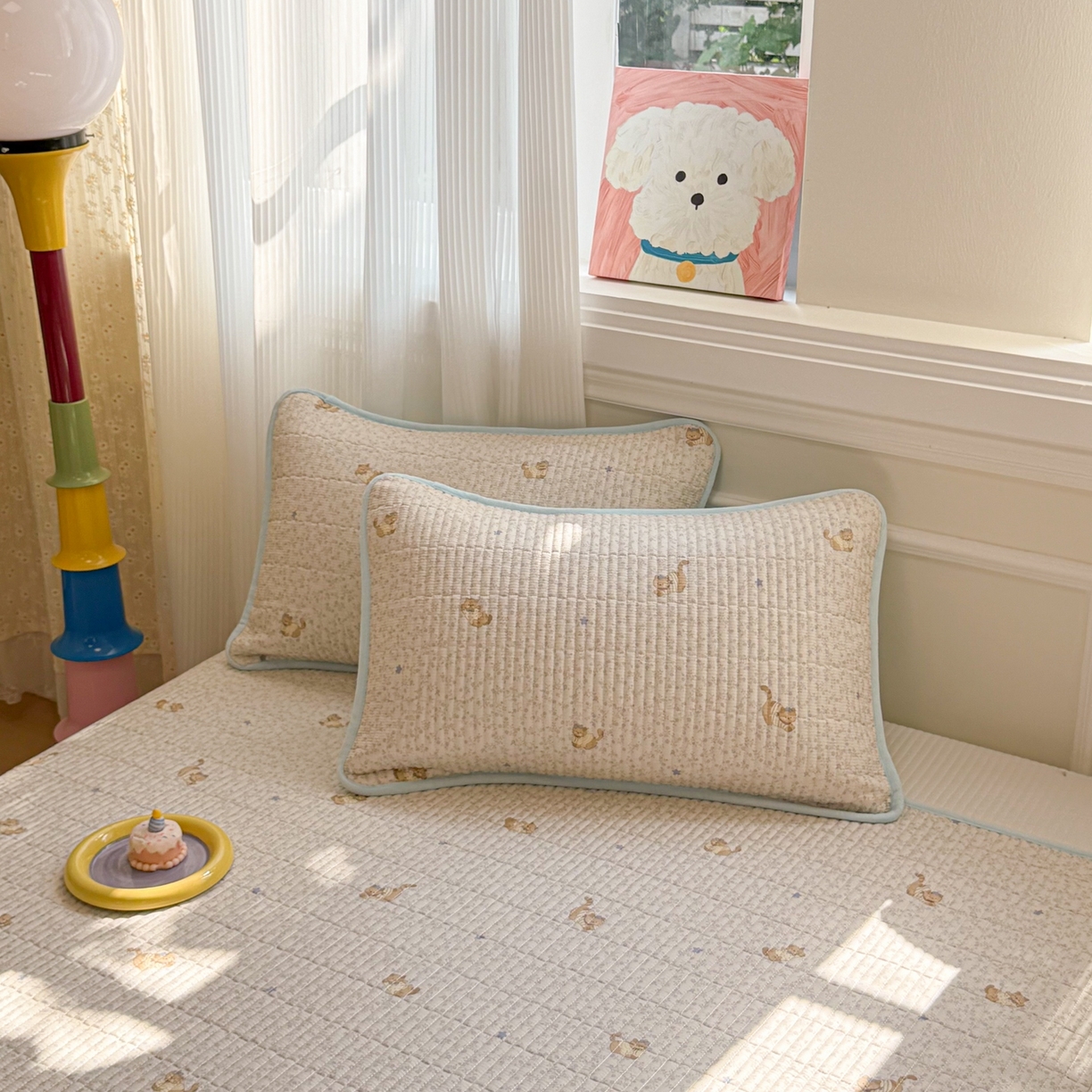 91家纺网 家纺一手货源 找家纺 简宜家居（朝初家纺） 2025新款A面100%全棉B面宝宝绒棉绒包边床盖正反两用 蓝花兔