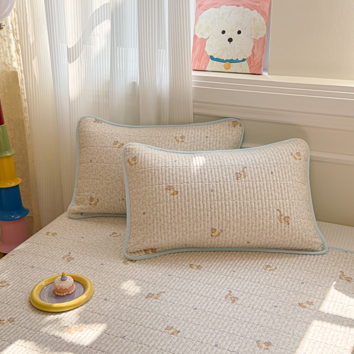 91家纺网 家纺一手货源 找家纺 简宜家居（朝初家纺） 2025新款A面100%全棉B面宝宝绒棉绒包边床盖正反两用 蓝花兔