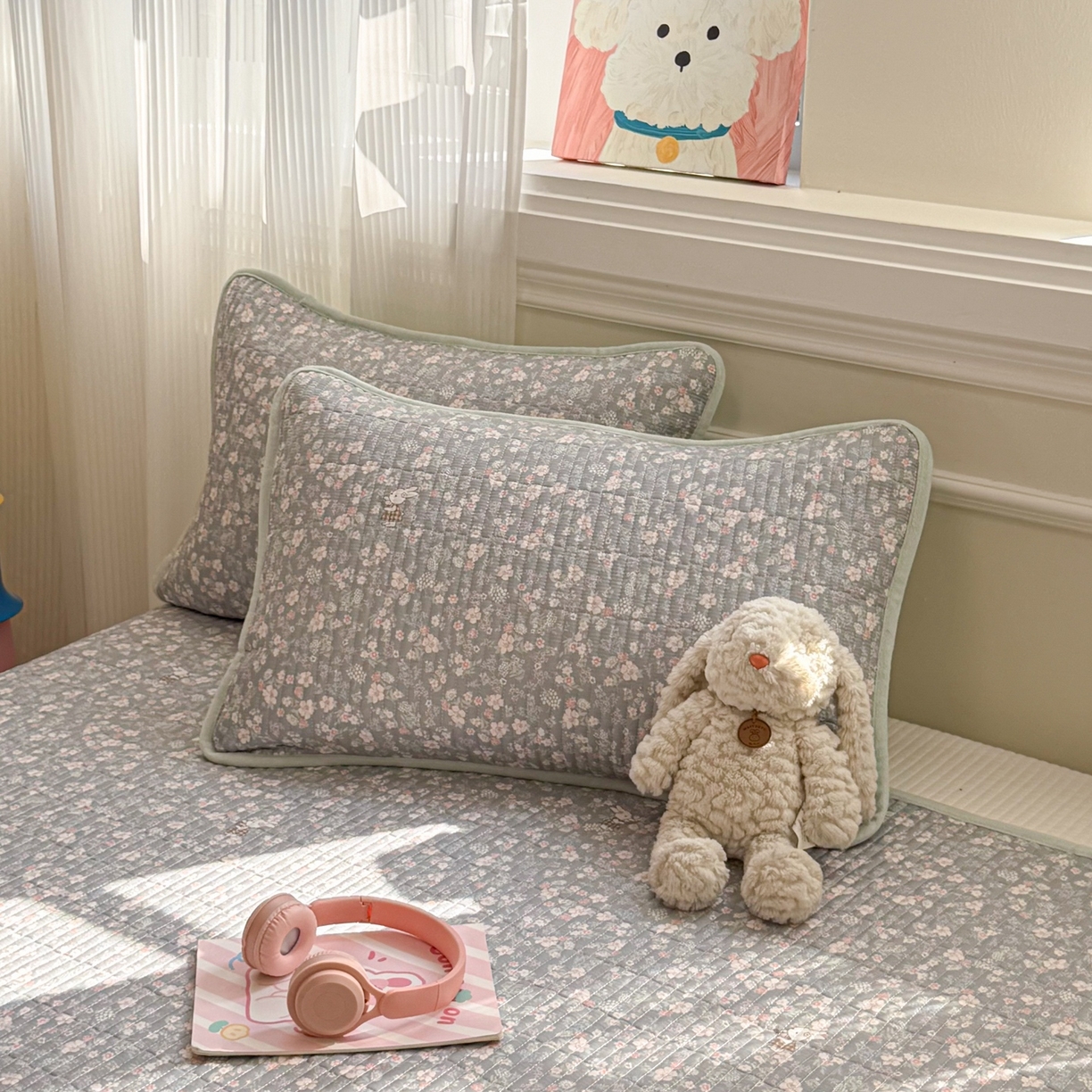 91家纺网 家纺一手货源 找家纺 简宜家居（朝初家纺） 2025新款A面100%全棉B面宝宝绒棉绒包边床盖正反两用 暮花浅影