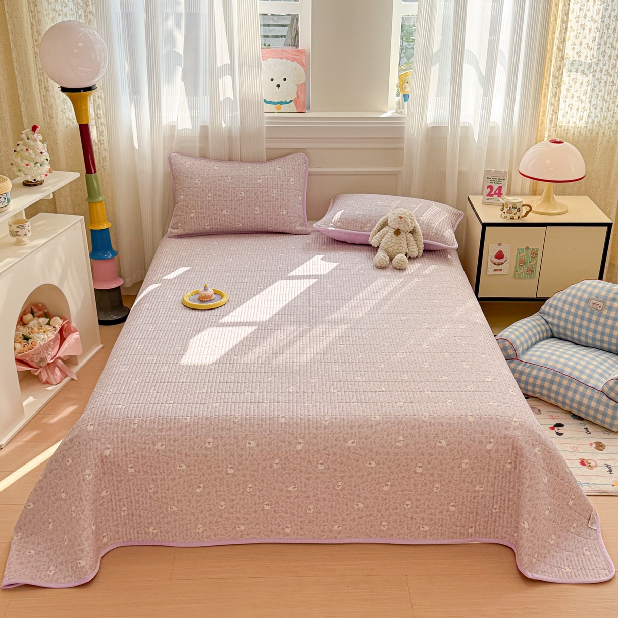 91家纺网 家纺一手货源 找家纺 简宜家居（朝初家纺） 2025新款A面100%全棉B面宝宝绒棉绒包边床盖正反两用 紫绒花兔