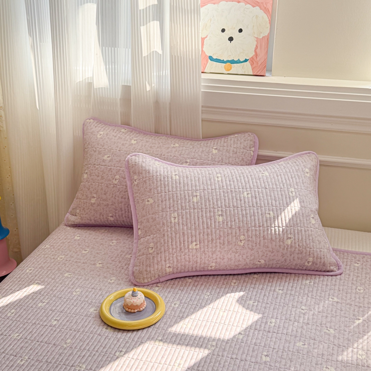 91家纺网 家纺一手货源 找家纺 简宜家居（朝初家纺） 2025新款A面100%全棉B面宝宝绒棉绒包边床盖正反两用 紫绒花兔