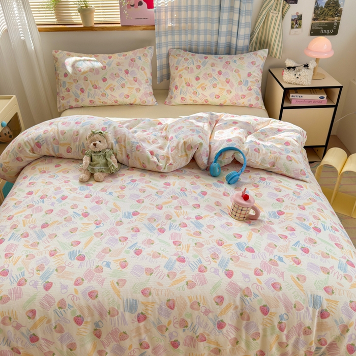 91家纺网 家纺一手货源 找家纺 曼之夏 2025新款全棉纯棉双层印花四件套 缤纷草莓