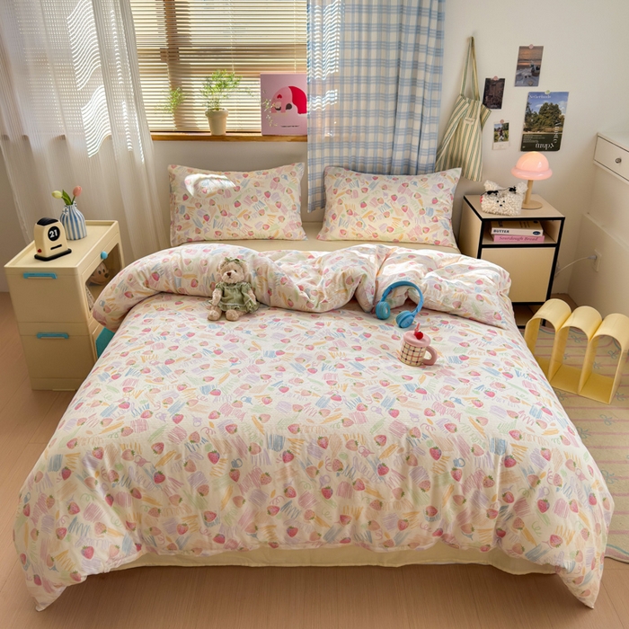 91家纺网 家纺一手货源 找家纺 曼之夏 2025新款全棉纯棉双层印花四件套 缤纷草莓