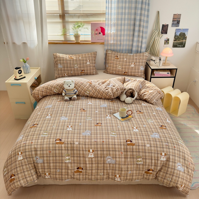 91家纺网 家纺一手货源 找家纺 曼之夏 2025新款全棉纯棉双层印花四件套 哈哈狗