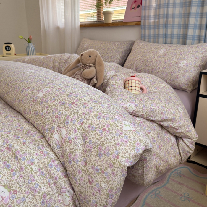 曼之夏 2025新款全棉纯棉双层印花四件套 花丛兔