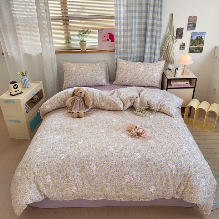 91家纺网 家纺一手货源 找家纺 曼之夏 2025新款全棉纯棉双层印花四件套 花丛兔