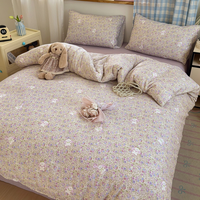 91家纺网 家纺一手货源 找家纺 曼之夏 2025新款全棉纯棉双层印花四件套 花丛兔