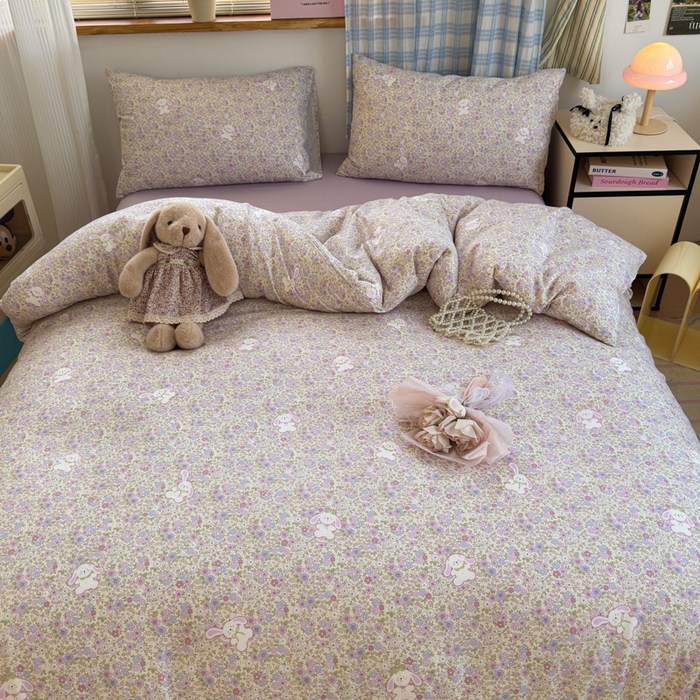 91家纺网 家纺一手货源 找家纺 曼之夏 2025新款全棉纯棉双层印花四件套 花丛兔