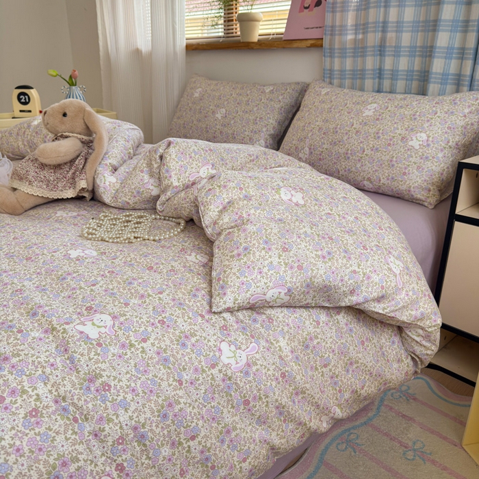 91家纺网 家纺一手货源 找家纺 曼之夏 2025新款全棉纯棉双层印花四件套 花丛兔